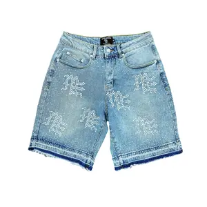 Rhinestone Gothic Graphic Baggy Denim Jorts| Y2K Vintage Washed Distressed Streetwear Shorts| Unisex Wide Leg Hip Hop Shorts for Men Women Summer Festival OOTD