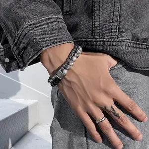 New Matte Map Stone Bracelet Men Dual Layer Beaded OT Buckle Lucky Bead Titanium Steel Versatile Bangle Jewelry