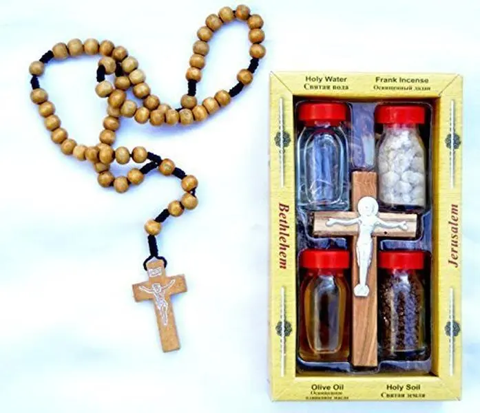 Set Water-oil-earth-incense-olive Wood Cross & Olive Wood Rosary Jerusalem Holyland by holyland souvenir