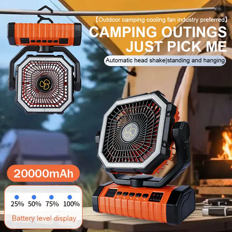 20000mAh Cordless Camping Fan with Built-in LED Light - Portable Charger, 4 Adjustable Brightness Levels, Powerful Airflow, Multi-Speed Settings, Rotatable Design, USB Port, Nightlight for Tent Camping, Outdoor Activities