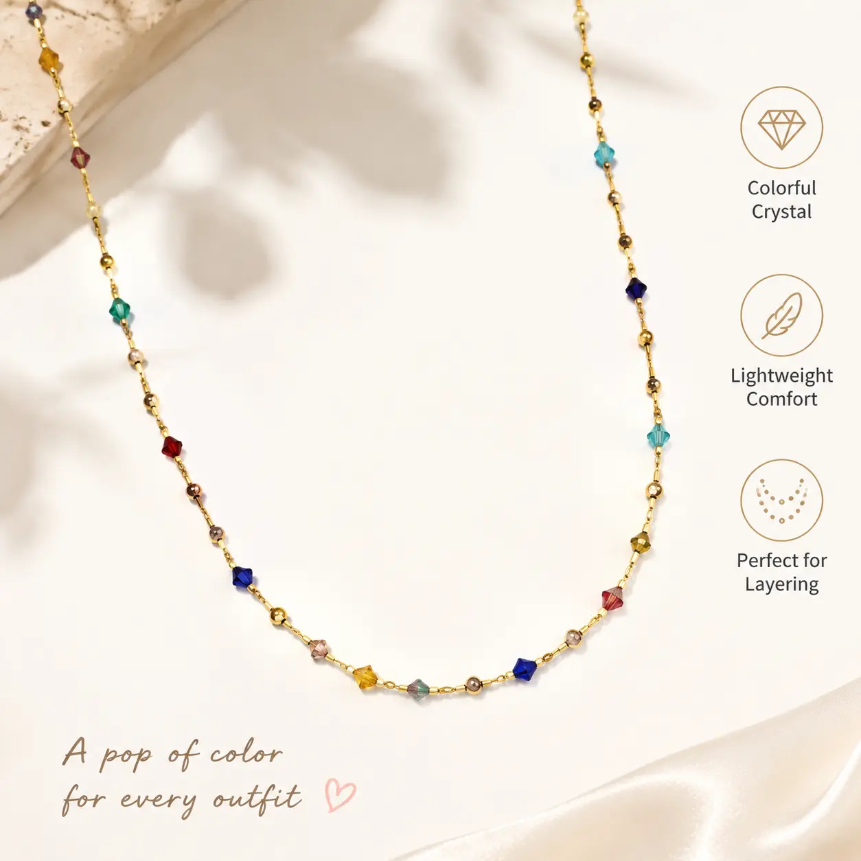 French-Inspired Colorful Crystal Necklace for Women, Dainty Beaded Chain Necklace, Y2K Dopamine Jewelry for Summer Outfits
