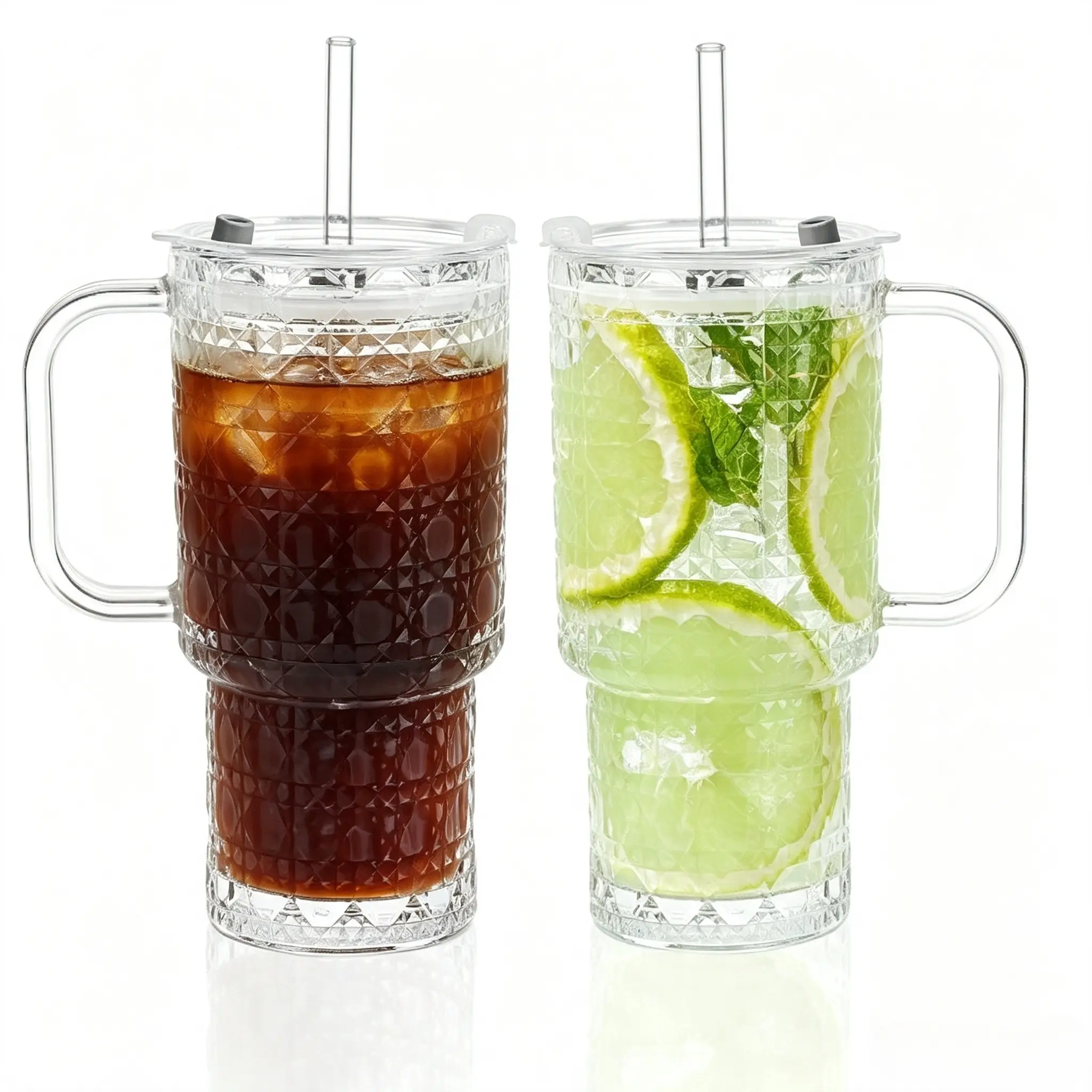 17oz/26oz Glass Tumbler with Handle, Lid & Straw – 2 Pack Reusable Clear Cups for Iced Coffee, Smoothies, Tea & Juice – Perfect for Home, Office, Outdoor, Travel, Cold & Hot Drinks, Eco-Friendly, Durable, Easy-to-Clean Glass Coffee Cups
