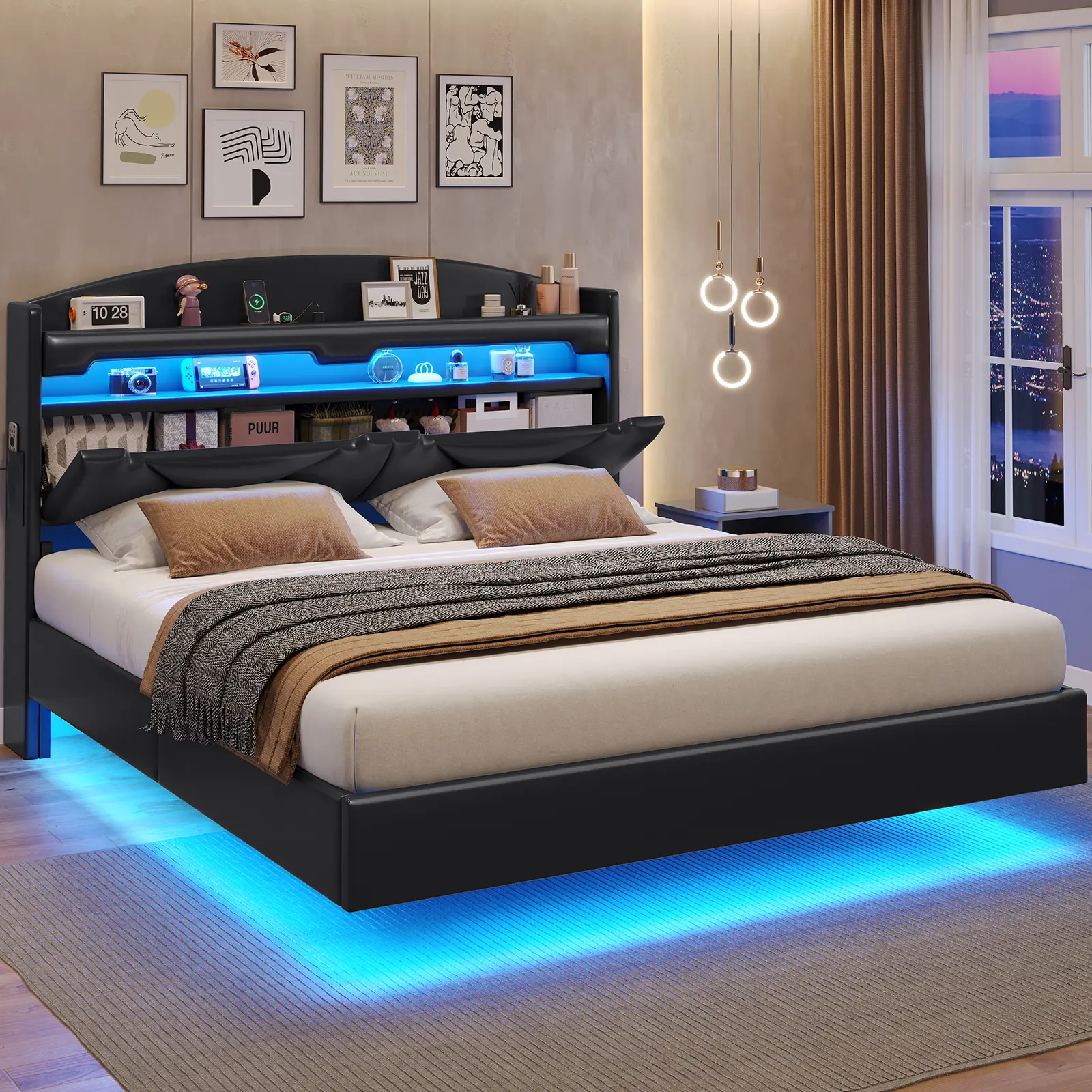ADORNEVE Queen Floating Bed Frame with USB-C/A Charging Station, LED Bed Frame with Storage Headboard, Upholstered Platform Queen Bed with Shelves, Hidden Storage, Stable Structure