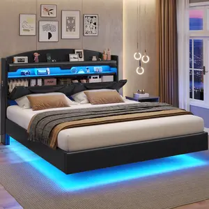ADORNEVE Queen Floating Bed Frame with USB-C/A Charging Station, LED Bed Frame with Storage Headboard, Upholstered Platform Queen Bed with Shelves, Hidden Storage, Stable Structure