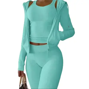 LUXEHAEVEN Lady's Elegant Velvet 3-Piece Women's Clothes Set - Polyester Fabric, Long Sleeve Pullover Top, Flat-Fit Casual Pockets Pants, Stylish Design