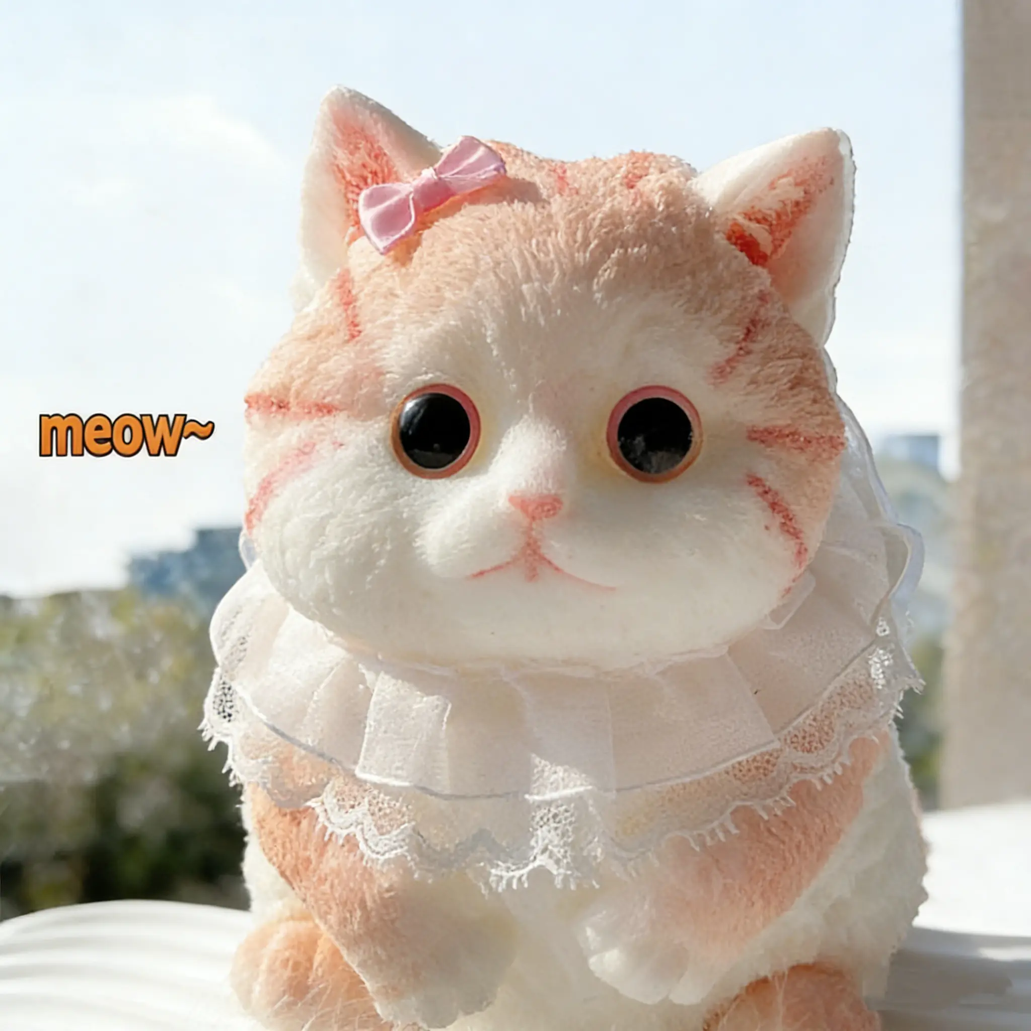 Pink Cat Squishy with Lace Collar & Bow Adorable Chubby Cat Squeeze Toy Calming