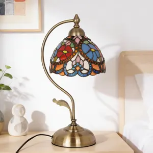Vintage Stained Glass Table Lamp with Blue & Red Flower Pattern Polished Brass Base 44cm Tall for Cozy Reading Nook Tiffany Aesthetic Handcrafted Glasswork Ambient Lighting