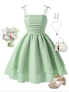 Girls' Cute Sweet Elegant Multi-Layer Hem Spaghetti Strap Sleeveless Ruffle Hem Dress, Summer Woven Fabric, Fitted Style, Perfect for Daily Wear & Parties