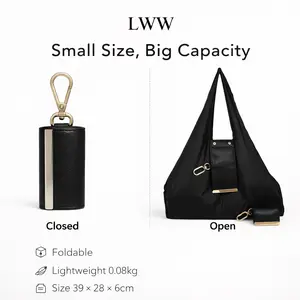 LWW Keychain Foldable Tote Bag, Expandable Leather Mini Handbag With Key Ring for Daily Errands