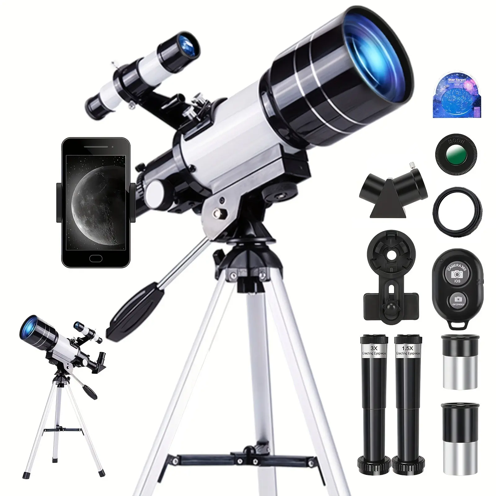 Portable telescope, suitable for camping, stargazing, bird watching, etc., with multiple accessories.