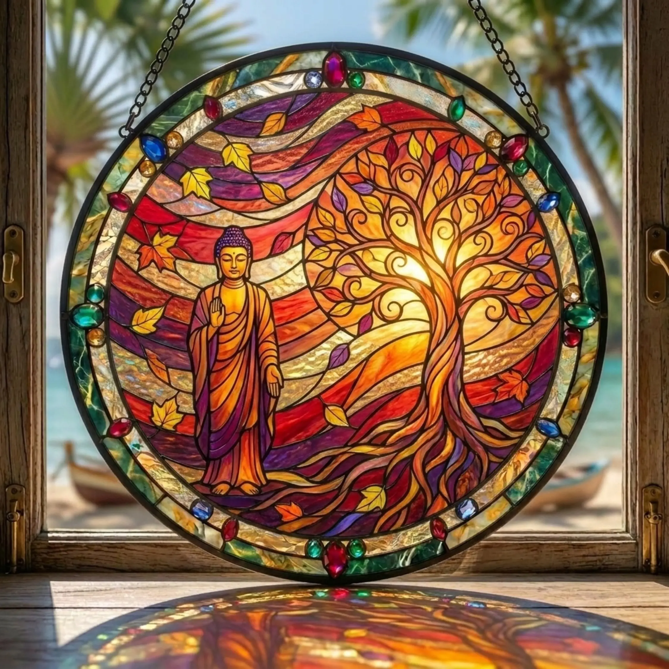 Standing Buddha Tree of Life Stained Glass Suncatcher Round Bodhi Tree Autumn Leaves Window Hanging Panel Zen Spiritual Gift