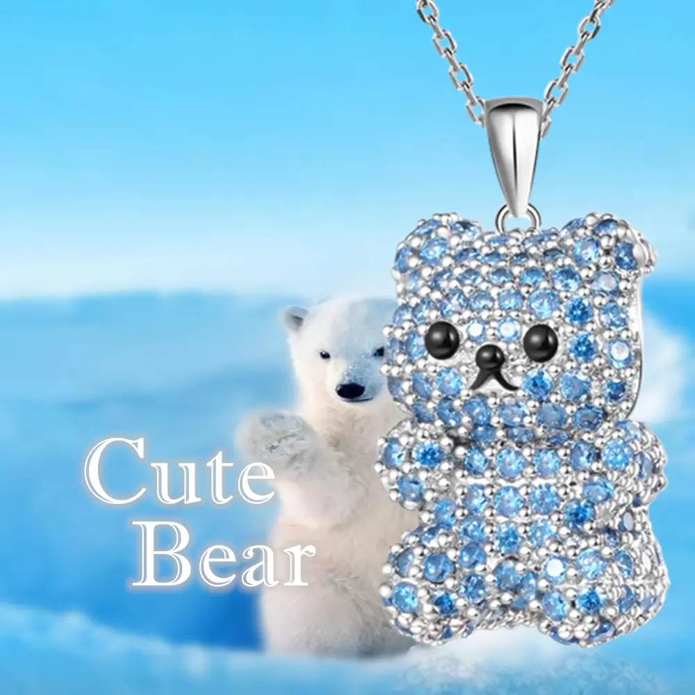 Bear Necklace for Women, Cute Cartoon Pendant with Shining Blue Rhinestones, Stainless Steel Chain Jewellery, Birthday Gift, Charm