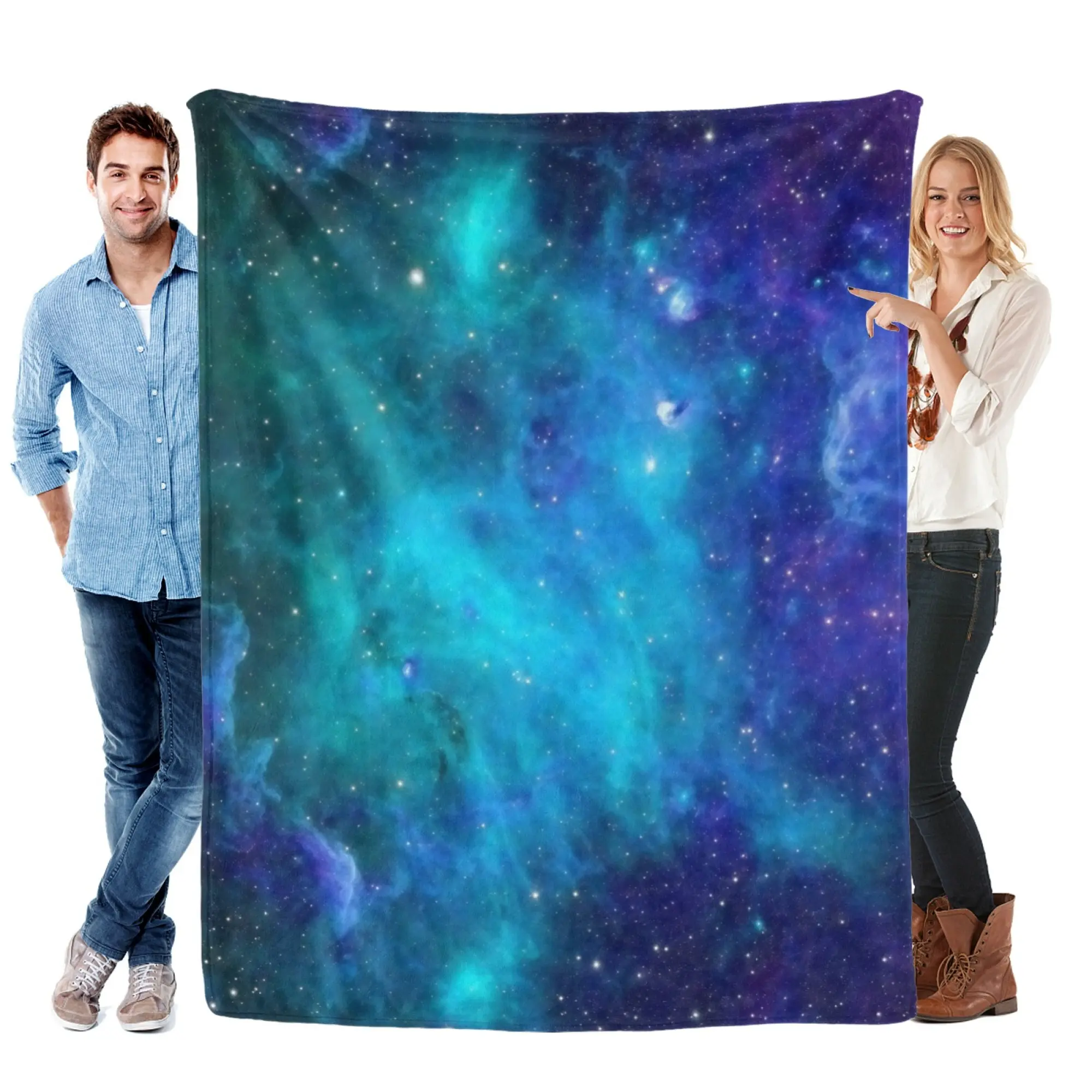 Vibrant Teal Purple Starry Nebula Collage Flannel Blanket Gradient Interstellar Cloud Tiny Twinkling Stars Warm Lightweight Blanket For Living Room Bedroom Dorm Aesthetic Cosmic Decor Blanket