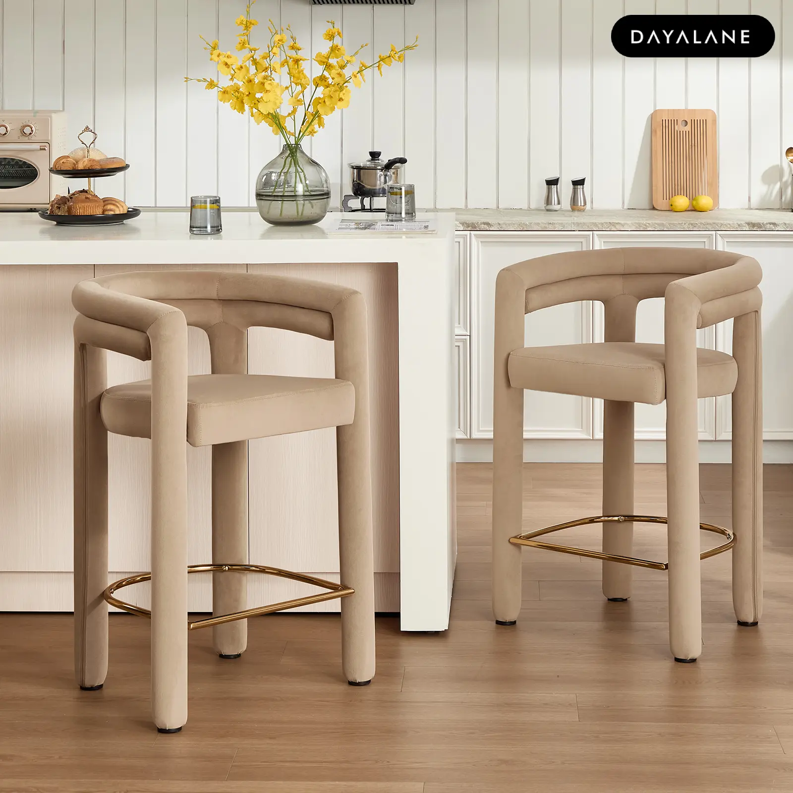 [BackToSchool]DAYALANE Modern Velvet Bar Stools, Ergonomic Curved Back Counter Height Chairs with Thick Foam Cushion & Gold Footrest for Kitchen Island Home Bar