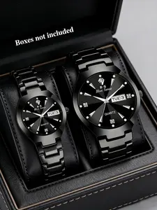 Unisex Quartz Wristwatch Set, Stainless Steel Strap, Luminous Hands, Calendar Design, Dial, Ideal Gift for Weddings and Daily Use, Business Quartz Watch, Luminous Analog Watch