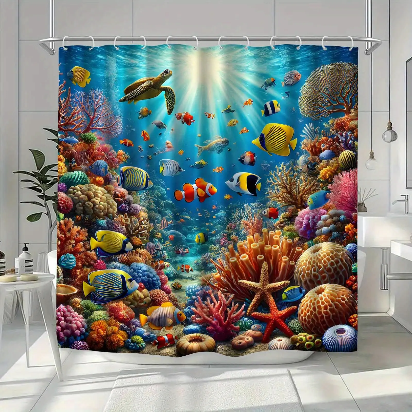 Shower Curtain - Ocean Theme Bathroom Decor with Coral Reef, Clownfish, Sea Turtles - Machine Washable Polyester Fabric Bathroom Curtain for Coastal, Marine Life Bathroom Decoration - Easy Installation Hooks Included, Bathroom Decor And Accessories