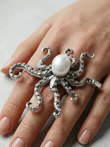A silver octopus shaped ring featuring marine creatures, with a large central pearl paired with colored diamonds on the tentacles, suitable for wearing in dark or retro fashion, artistic events, and other settings.