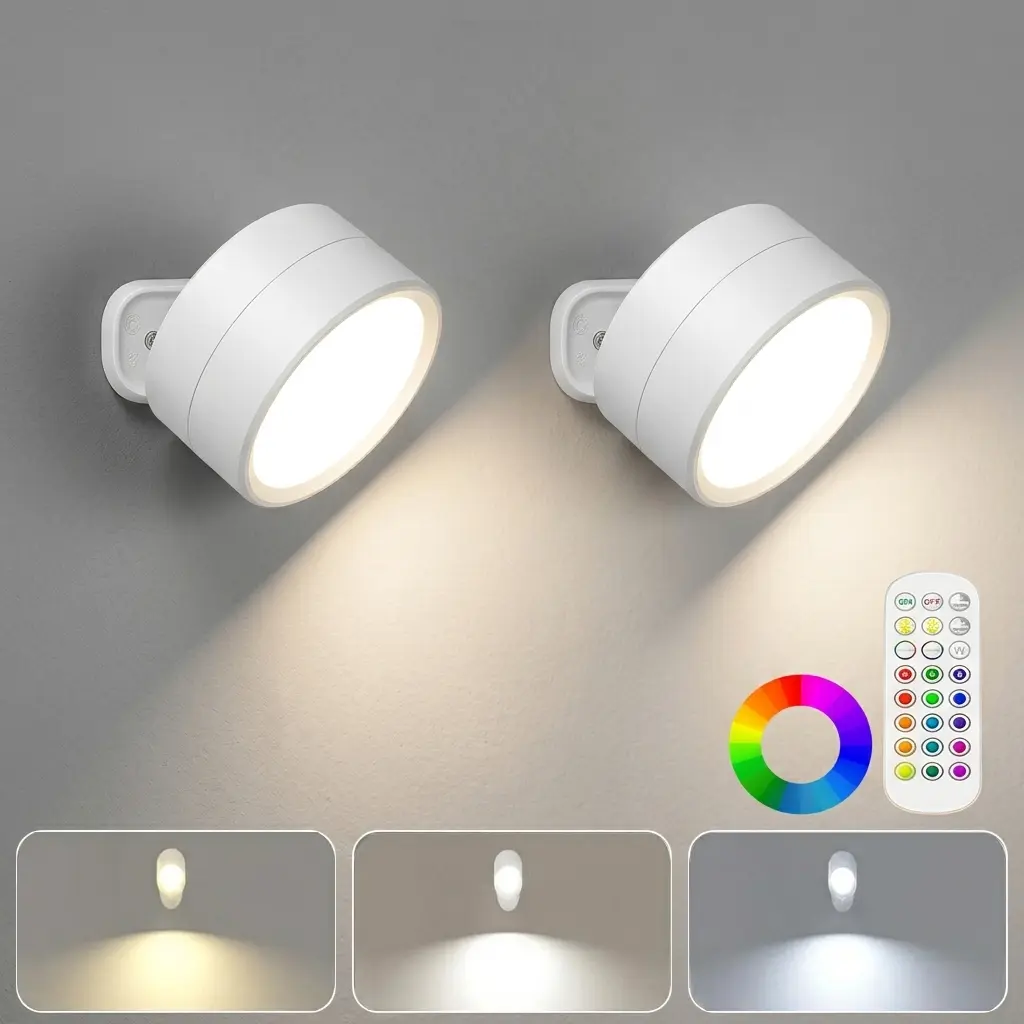 2-Pack RGB Magnetic Wall Sconces Indoor, Wireless Detachable Rotatable Color Changing Wall Lighting, for Living Room Hallway Bedroom Bathroom