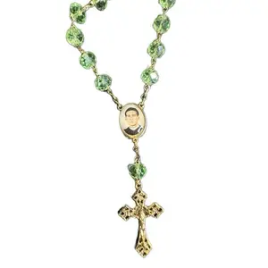 Santo Toribio Romo Saint Green Crystal Bead Rosario Rosary Religious Prayer Tool with Gold Plated Crucifix for Adults