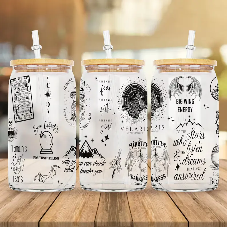 ACOTAR Doodles Clear or Frosted Libbey 16 oz. Glass Can Tumbler, To The Stars Glass Can, Book Lover Tumbler Wrap, Bookish Tumbler