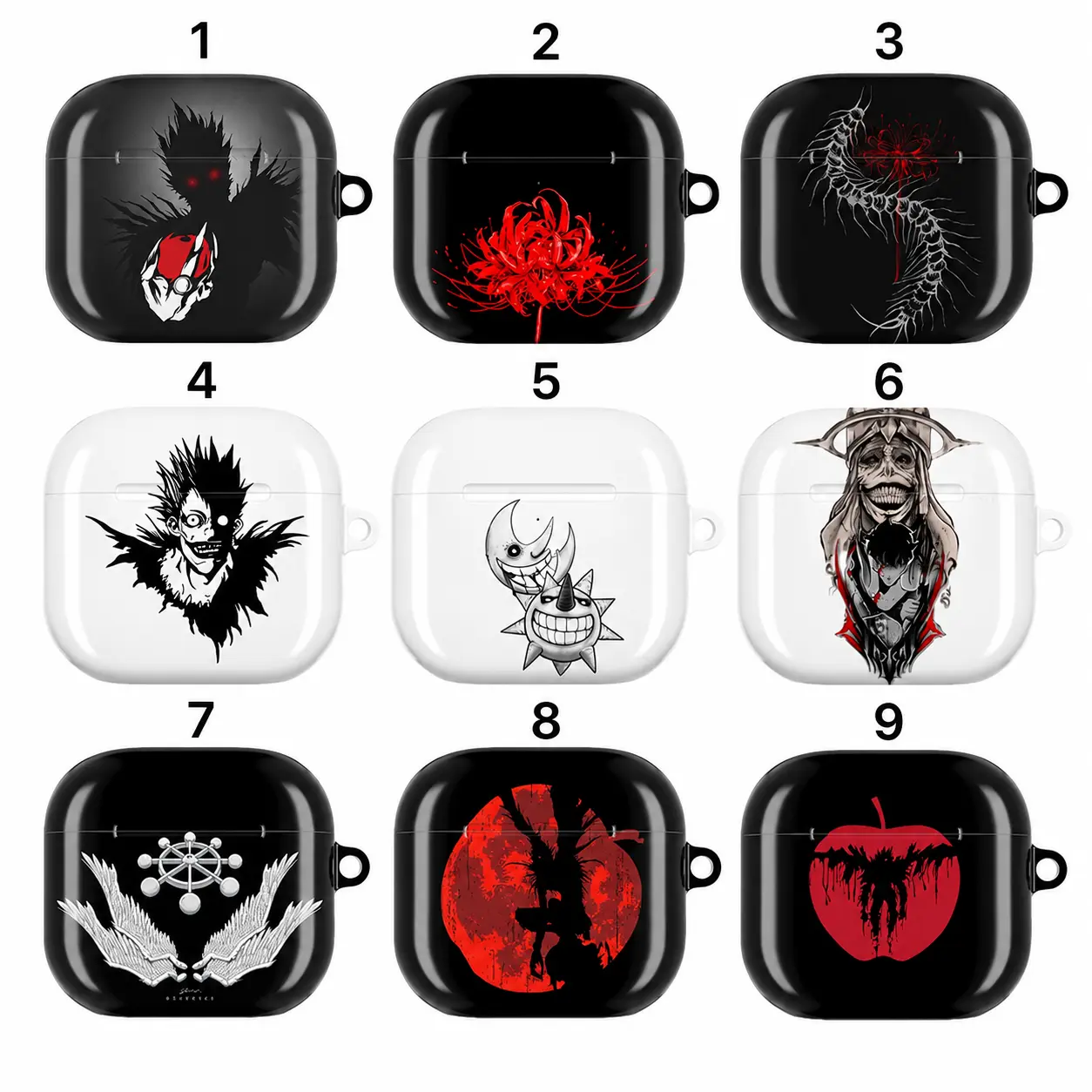 Death Note & Dark Fantasy AirPods Case – Anime Designs Featuring Ryuk, Red Moon, Spider Lily & Dark Apple Motifs, Fits AirPods Pro (Gen 123) & AirPods (Gen 1234), Perfect Gift for Death Note & Gothic Ani