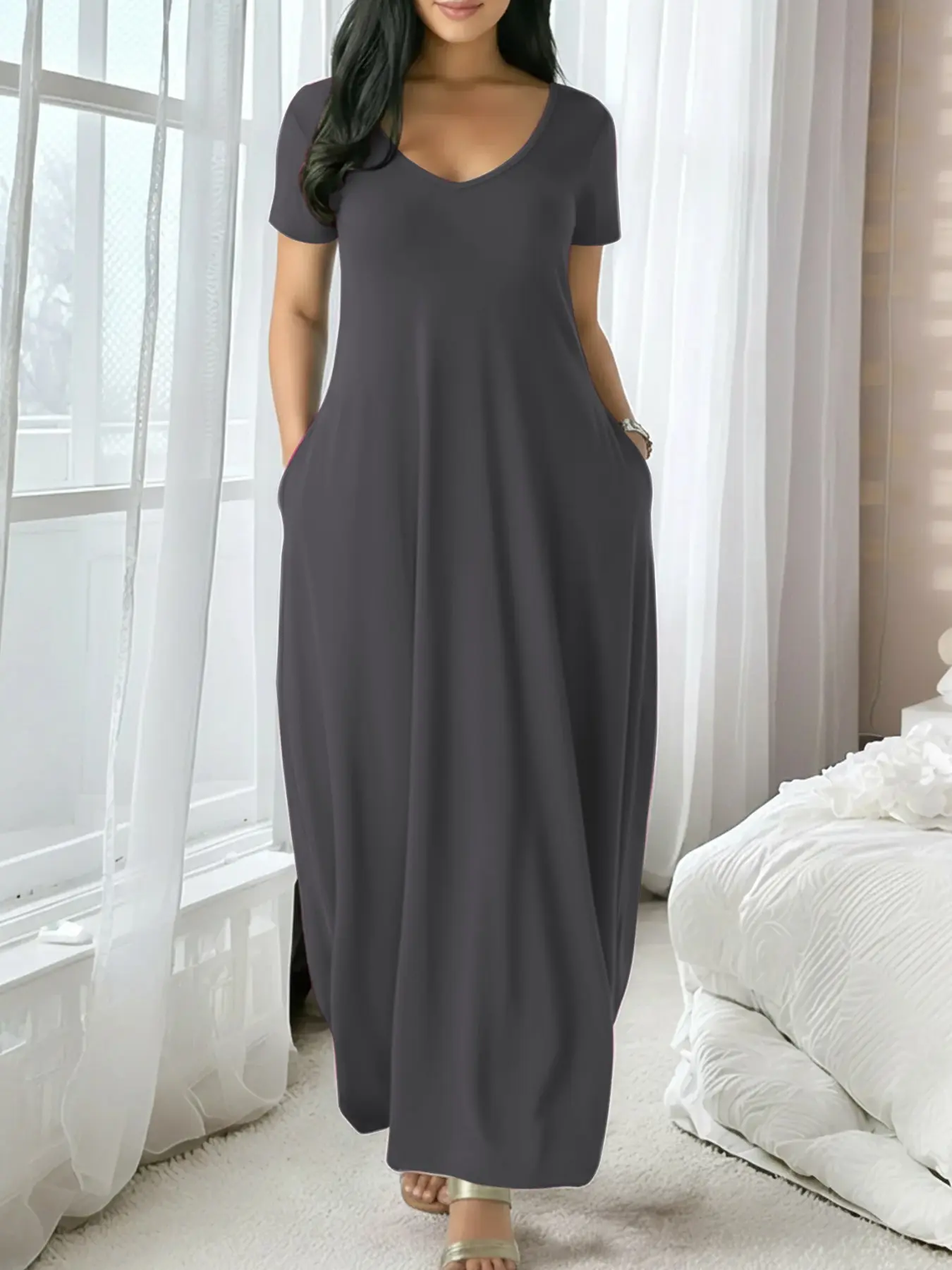Women's Extra-Long Nightgown, Round-Neck Short-Sleeve Pocket Sleep Dress, Basic Nightwear and Loungewear, Comfortable Casual Elegant Style, Soft Fabric, All-Season Wear