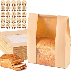 25PCS Paper Bread Bags Large Sourdough Bakery Bags with Window for Homemade Bread Storage, Includes 25PCS Label Seal Stickers Size 13.7x8.3x3.5 inch