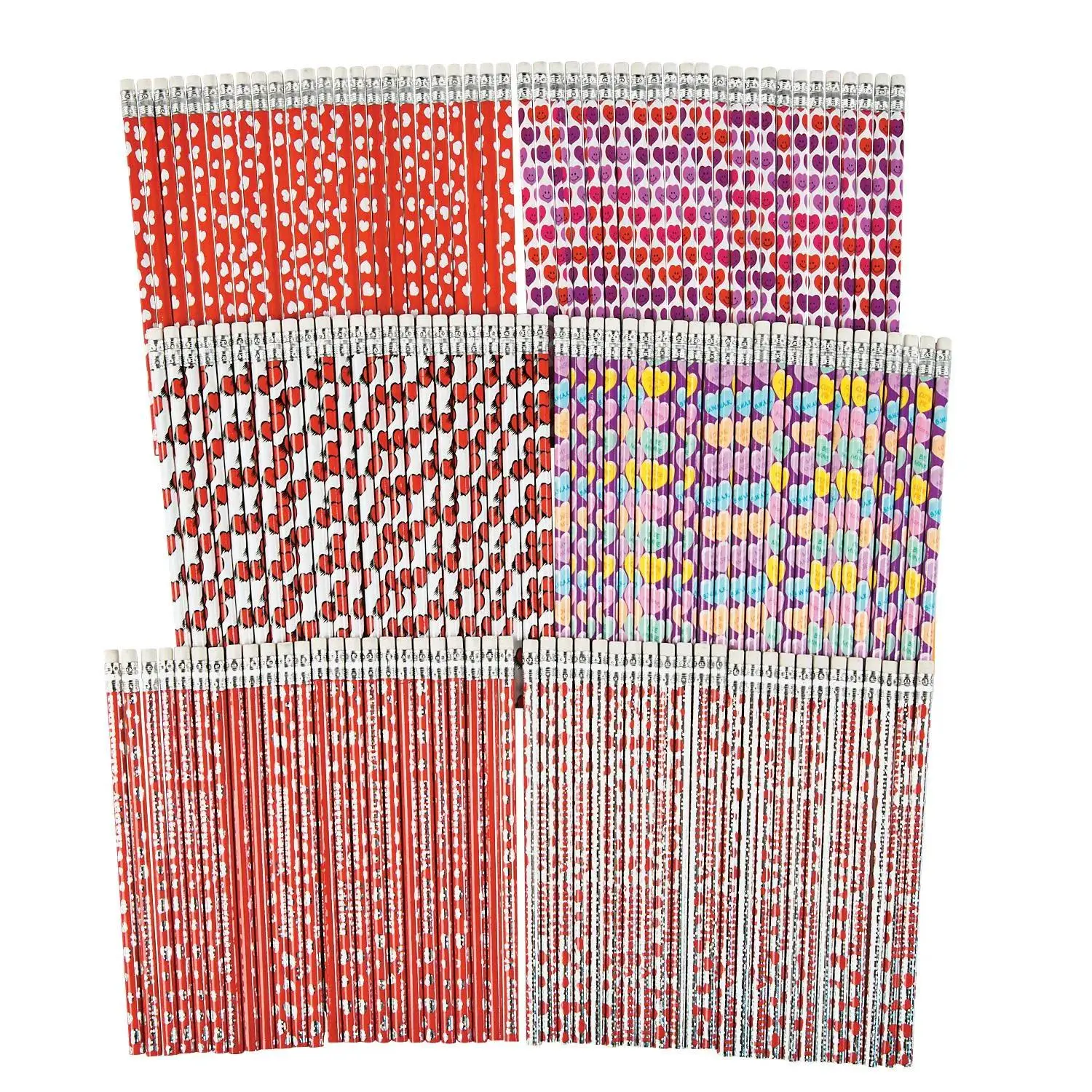 144-Pc Bulk Wooden Valentine's Day Pencils Assortment, 7.5 in Office Stationery Writing Tools for Kids' Party Favors, Fun Rewards, Piñata Fillers