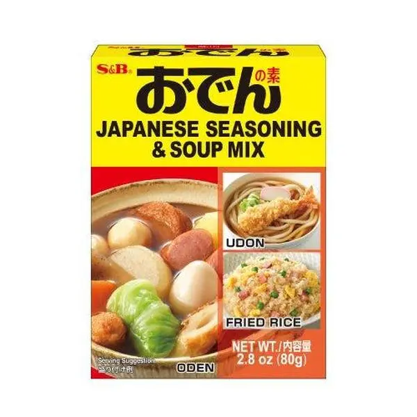 S&B Japanese Oden No Moto Powder Mix - 80g Cooking Seasoning Kit with Savory Broth, Salt, Powdered Soy Sauce, MSG, Kelp Extract, Balanced Sodium, Glucose, Yeast Extract, Caramel Color, Corn Oil, Guar Gum, Disodium Inosinate, Disodium Guanylate