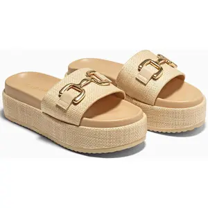 【SummerVibes】Coutgo Womens Platform Sandals Raffia Espadrilles Metal Chain Slip on Open Toe Cute Beach Slide Sandals Elegance Footwear summervibes