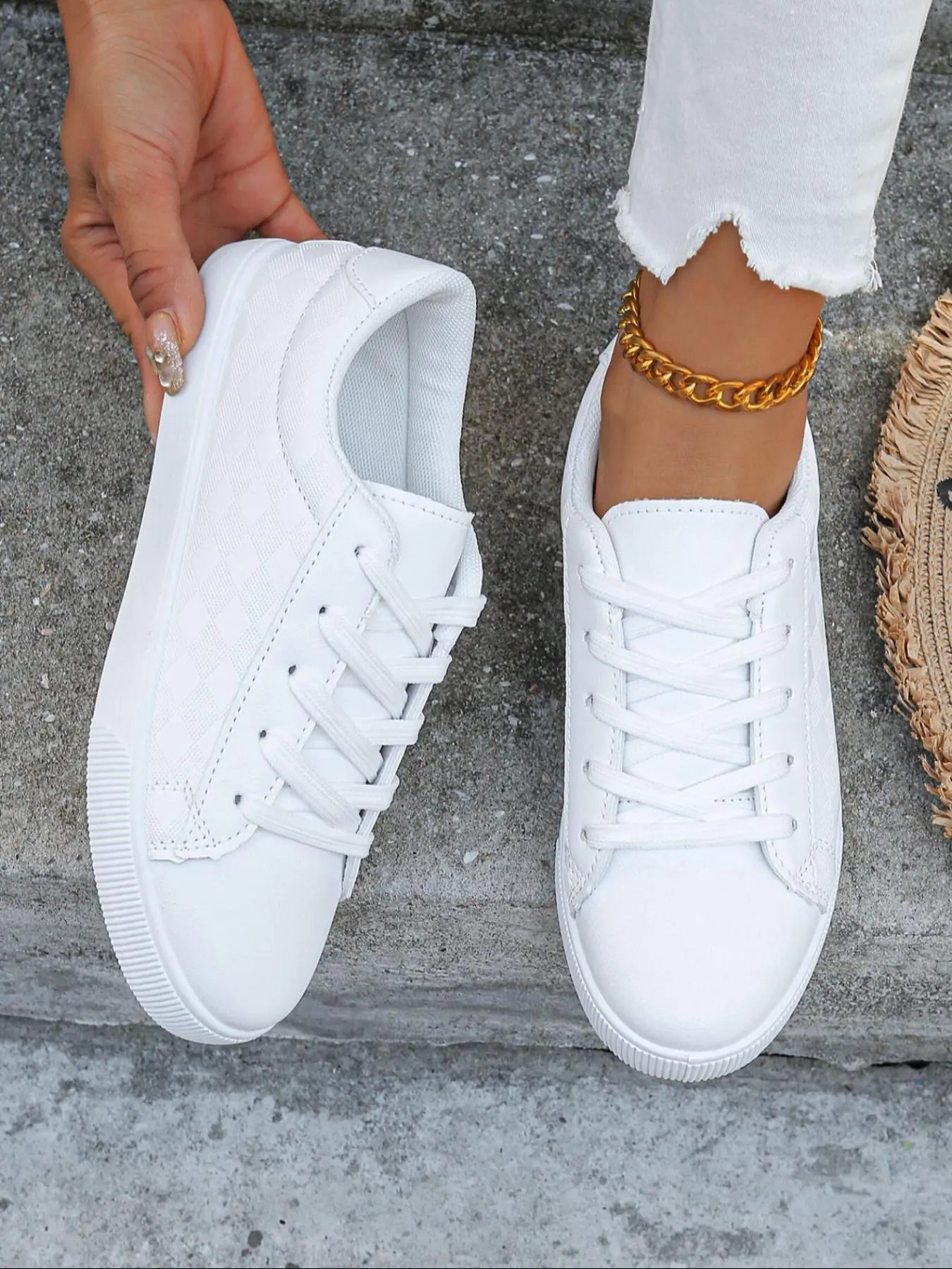 Stylish Women's Casual Sneakers, Round Toe PU Leather for All Seasons, Rubber Sole, Korean Fashion White Shoes