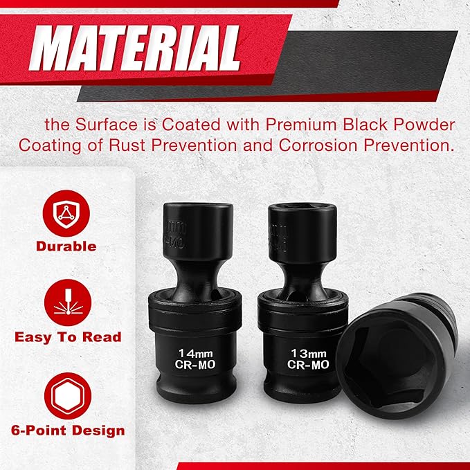 15PCS 3/8" Drive Shallow Universal Impact Socket Set,Swivel Socket Set,Metric Flexible Wobble Sockets, CR-MO,8-22mm, 6 Point