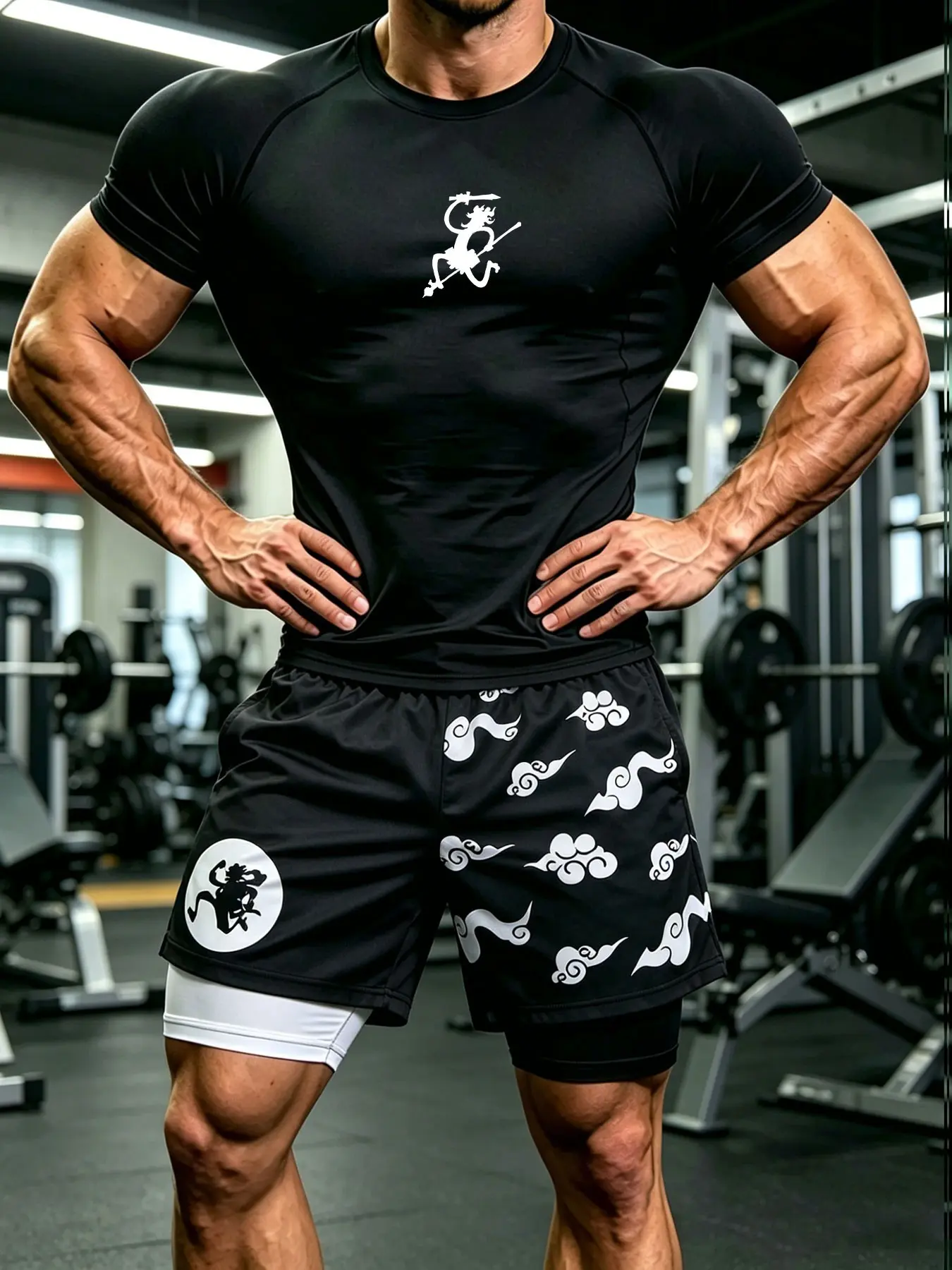 Men's Sport Set, Printed Round Neck Quick-Dry Compression Top + Dual-Layer 3D Print Shorts, Running Training Two-Piece Set