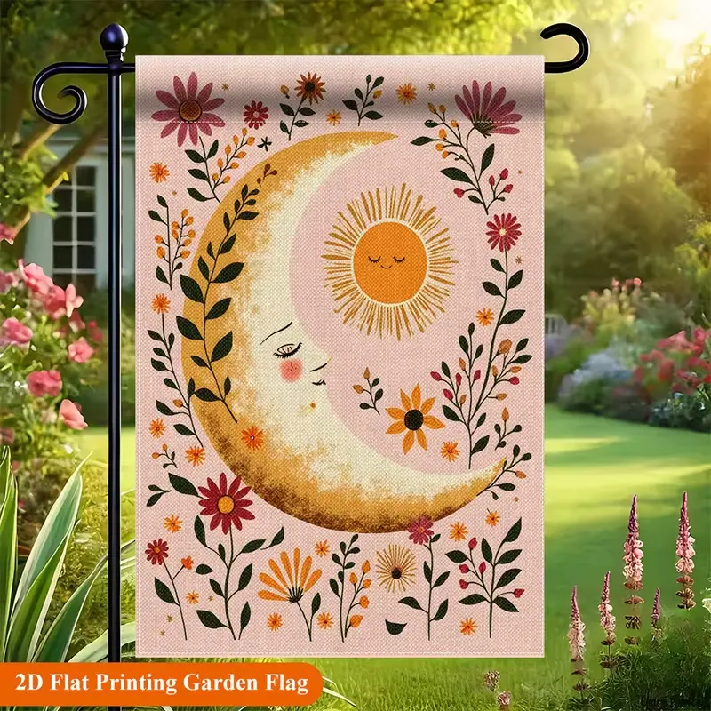 Boho Celestial Sun Moon Floral Garden Flag Vintage Folk Art Sleepy Face Crescent Moon Wildflower Daisy Design Waterproof Spring Summer Yard Flag Neutral Pink Cottagecore Farmhouse Outdoor Decor for Lawn Patio Front Porch