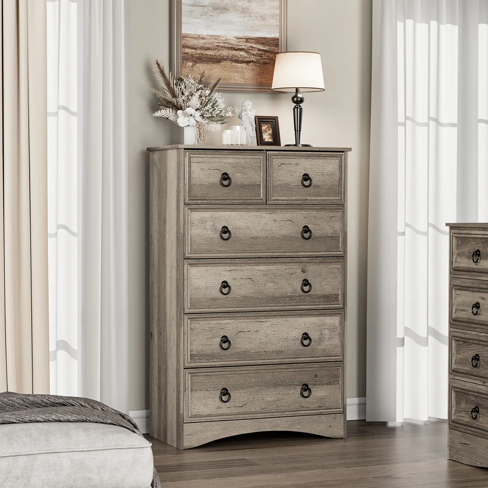 Wooden 6-Drawer Dresser - Tall Chest of Drawers for Bedroom, Hallway, 48" H x 26.7" W x 15.7" D, Taupe Grey, Wooden Dresser