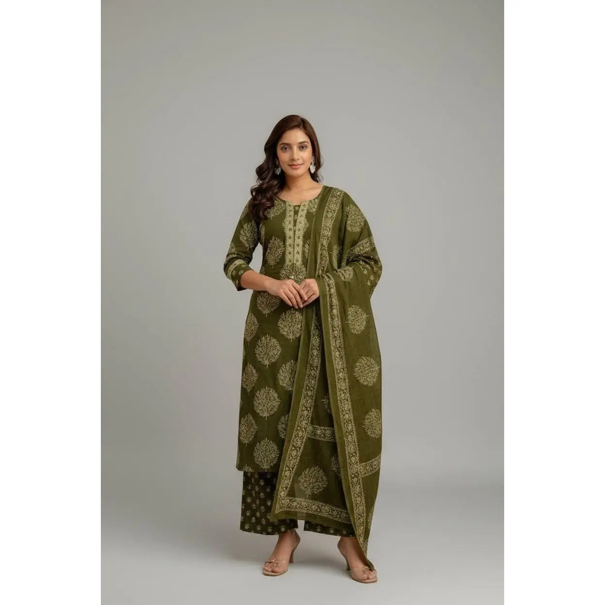 Olive Green Tree Print Kurta Palazzo Set with Dupatta – 3-Piece Ethnic Suit