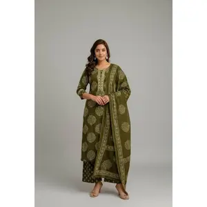 Olive Green Tree Print Kurta Palazzo Set with Dupatta – 3-Piece Ethnic Suit