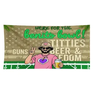 Wall Tapestry Brown Green And Pink With Benito Bowl Titties Guns Beer Freedom Text And Man Holding Beer And Peace Sign Football Field Background For Living Room Decor Soft Fleece Blanket