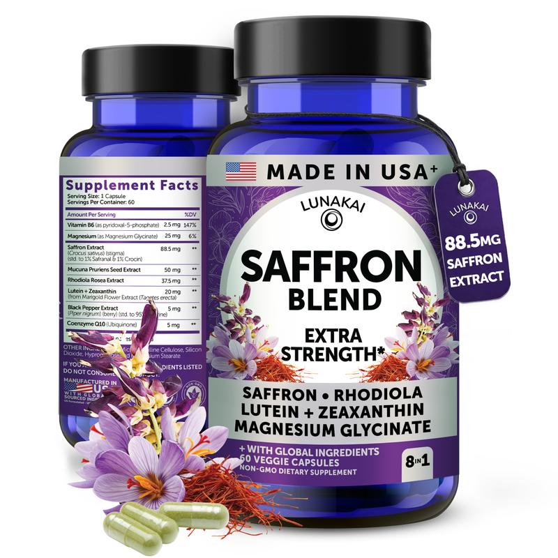 Lunakai USA Made Saffron Supplements for Women & Men 176mg – 8-in-1 Saffron Extract Capsules with Rhodiola & Mucuna for Daily Mood, Focus & Eye Support, Non-GMO, 60ct