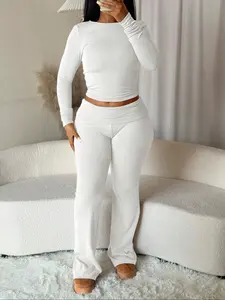 Women Two Piece Set Solid White Long Sleeve Fitted Cropped Top and Flared Pants Outfit Casual Lounge Wear Matching Set Y2K Streetwear Slim Fit Tracksuit Sexy Bodycon Festival Outfit Party Clubwear Fashion Co Ord,Airport Outfit Aesthetic