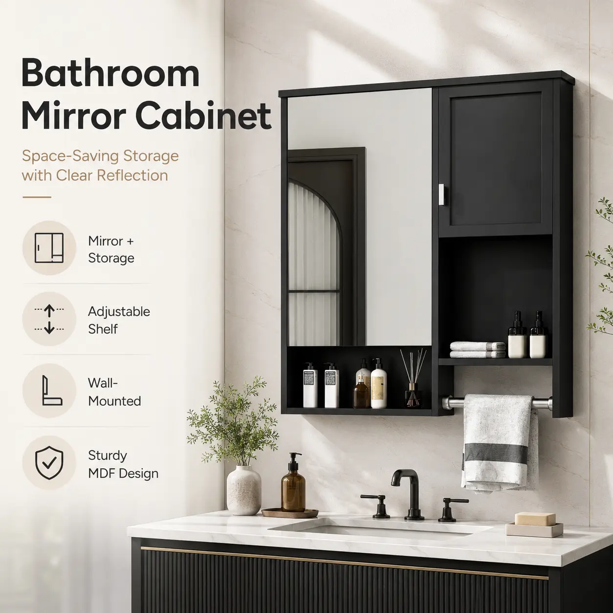 3-in-1 Modern Mirrored Bathroom Wall Cabinet - Over the Toilet Organizer & Space Saver with Built-in Towel Bar