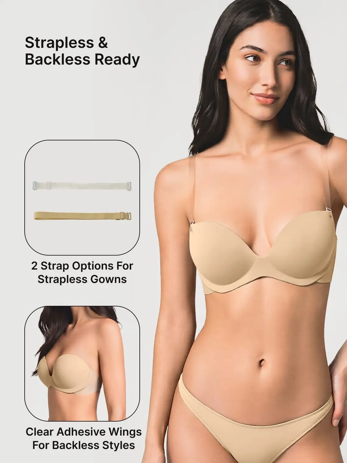 Azazie Women's 5-in-1 Multiway Convertible Strapless Seamless Push-Up Bra with Accessories, Wings, Matching Fabric, Reusable for Bridal Loungewear Sleepwear