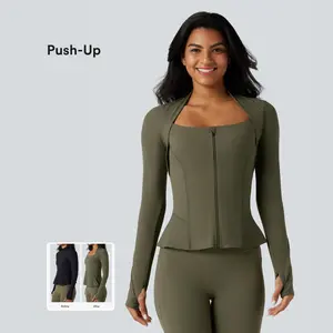 Halara UltraSculpt Push-Up Long Sleeve Thumb Hole Zipper Ruffle Hem Yoga Jacket