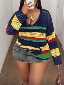 【Plus Size】 Women's Ice Silk Hollow Out Striped Pocket Long Sleeve Sun Protection Pullover, Fashion Casual Beach Knit Top