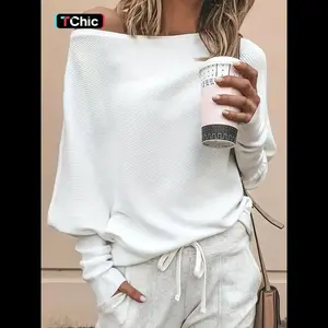 Women's Plain Asymmetrical Hem Boat Neck Batwing Sleeve Sweater, Casual Long Sleeve Jumper for Spring & Fall, Women's Knitwear for Daily Wear