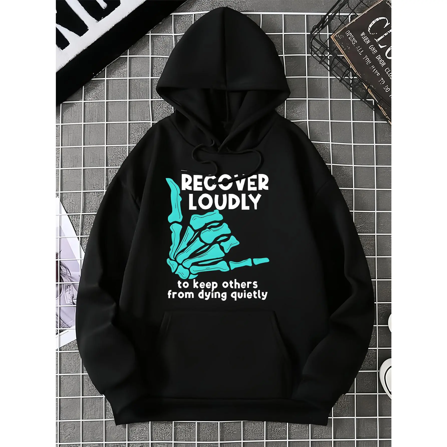 Men's "Recover Loudly" Pullover Hoodie, Soft Breathable Fabric Streetwear Sweatshirt with Cartoon Graphic, Longsleeves & Kangaroo Pocket for Casual OOTD