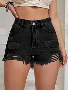 Women's Frayed Hem High Waist Denim Shorts, Fitted Casual Chic Fashion Ripped Shorts for Daily Outdoor Wear, Ladies Bottoms for Spring & Fall, Micro Shorts