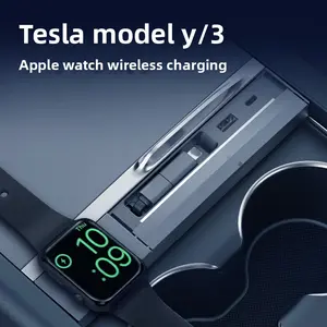 New Tesla 2024-2025Model 3/Y Center Console Expansion Dock，Interior Accessories，for tesla usb hun,docking station with retractable fast charging cable cars  accessories Wireless Mobile Charger Wireless Carplay Dongle