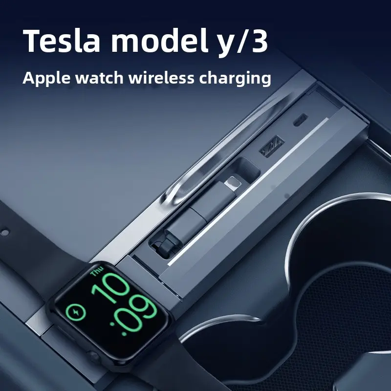New Tesla 2024-2025 Model 3/Y Center Console Expansion Dock, 80cm Retractable Car Charger Fast Charging Solution, Wireless Mobile Charger, Carplay Wireless Adapter Carplay Dongle Connectivity USB Hub Automotive Accessory, Docking Station
