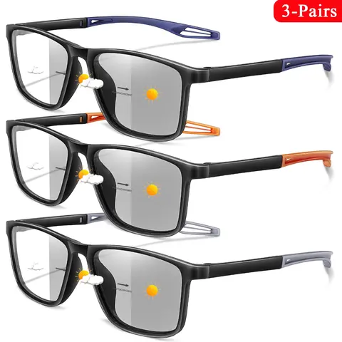 3 Pack Photochromic Reading Glasses, Blue Light Blocking Lenses, Classic Square Frame, Lightweight Soft PC Material, Multi-Pack, Lightweight Durable Glasses, Photochromic Eyeglasses, Transition Eyeglasses